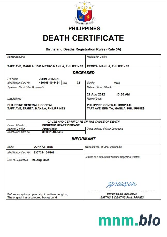 Philippines rekord życiowy śmierć certyfikat Word i PDF szablon